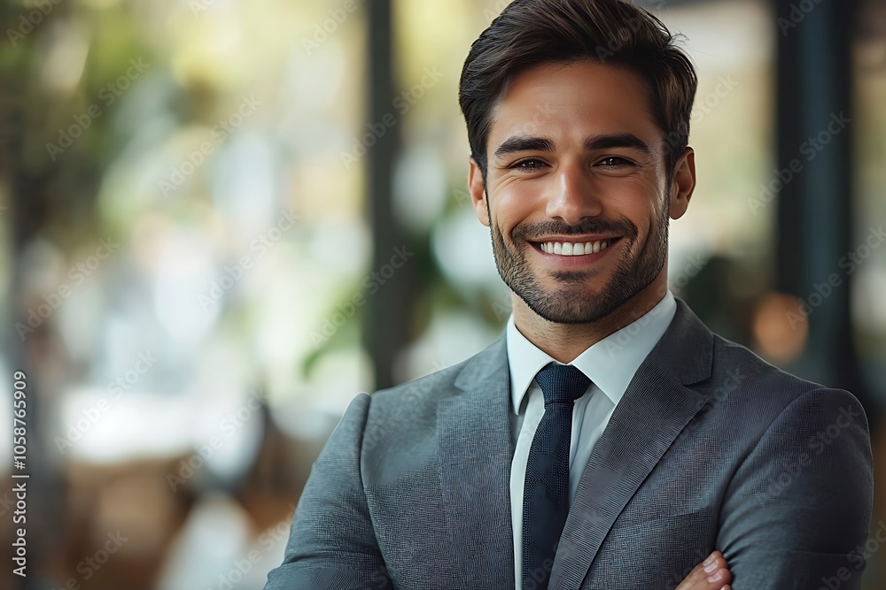 Happy Businessman in Grey Suit Headshot with Tie Happy Businessman in Grey Suit Headshot with Tie