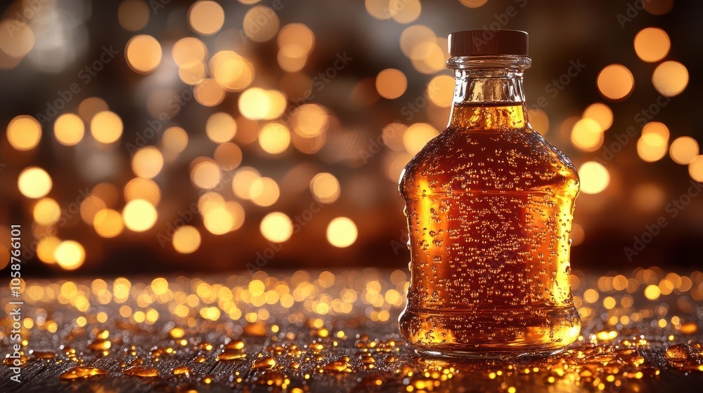 golden droplets of maple syrup cascade down a smooth glass bottle, glistening in warm light against a soft-focus kitchen background, evoking sweetness and home golden droplets of maple syrup cascade down a smooth glass bottle, glistening in warm light against a soft-focus kitchen background, evoking sweetness and home