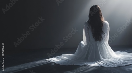 A woman in a white dress is sitting on the floor photo