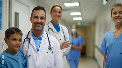 Portrait of a doctor standing with a nurse and ward boy in a corridor.