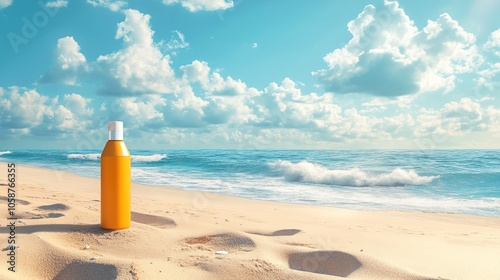 Sunscreen bottle product on sandy beach with ocean and blue sky