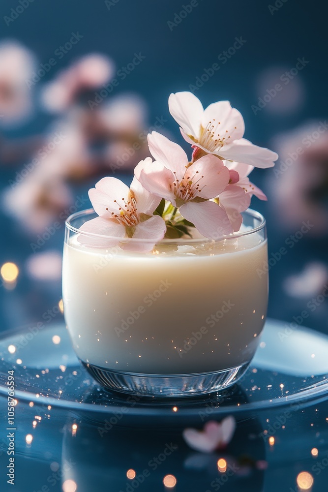 Panna cotta dessert in a clear glass with a sakura flower on a dark blue background Panna cotta dessert in a clear glass with a sakura flower on a dark blue background