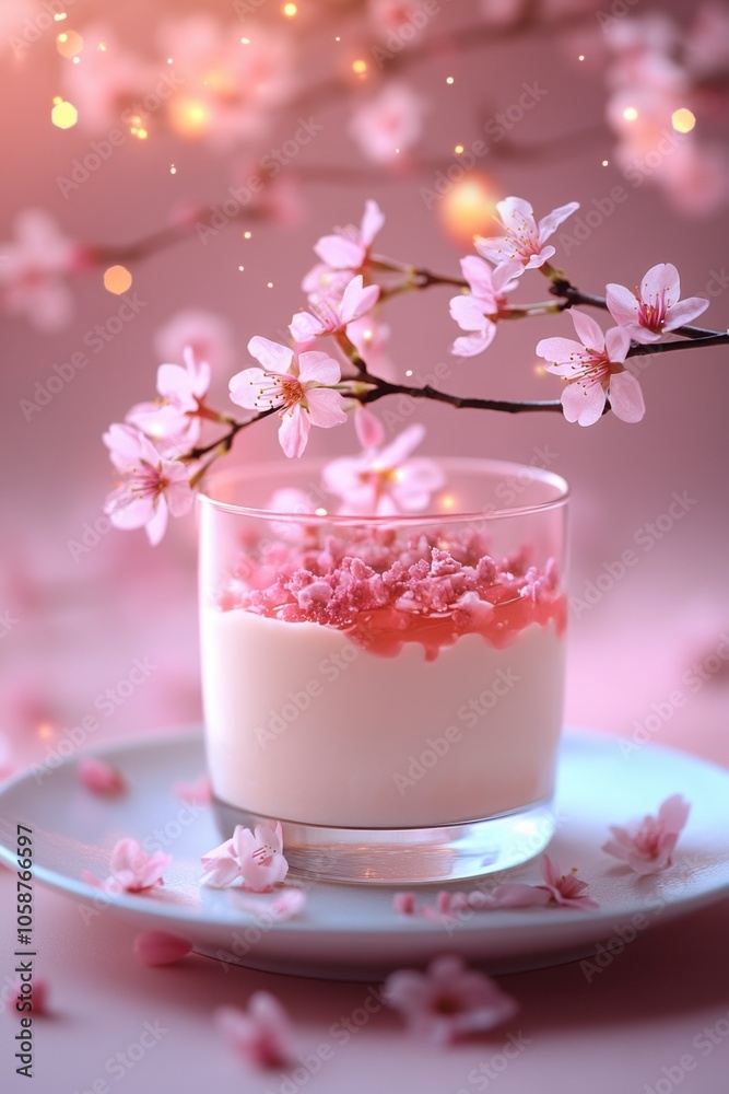 Panna cotta dessert in a clear glass with a sakura branch on a dark background Panna cotta dessert in a clear glass with a sakura branch on a dark background