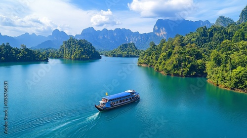 A boat navigates a scenic lake surrounded by lush mountains.