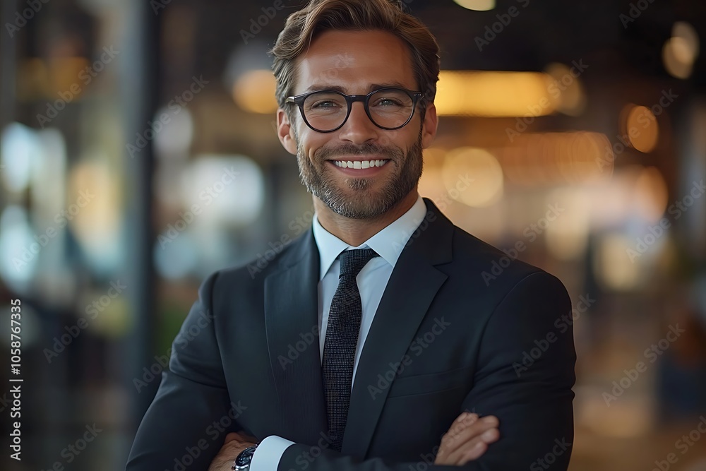 Happy Businessman in Suit and Tie with Ambitious Smile Happy Businessman in Suit and Tie with Ambitious Smile