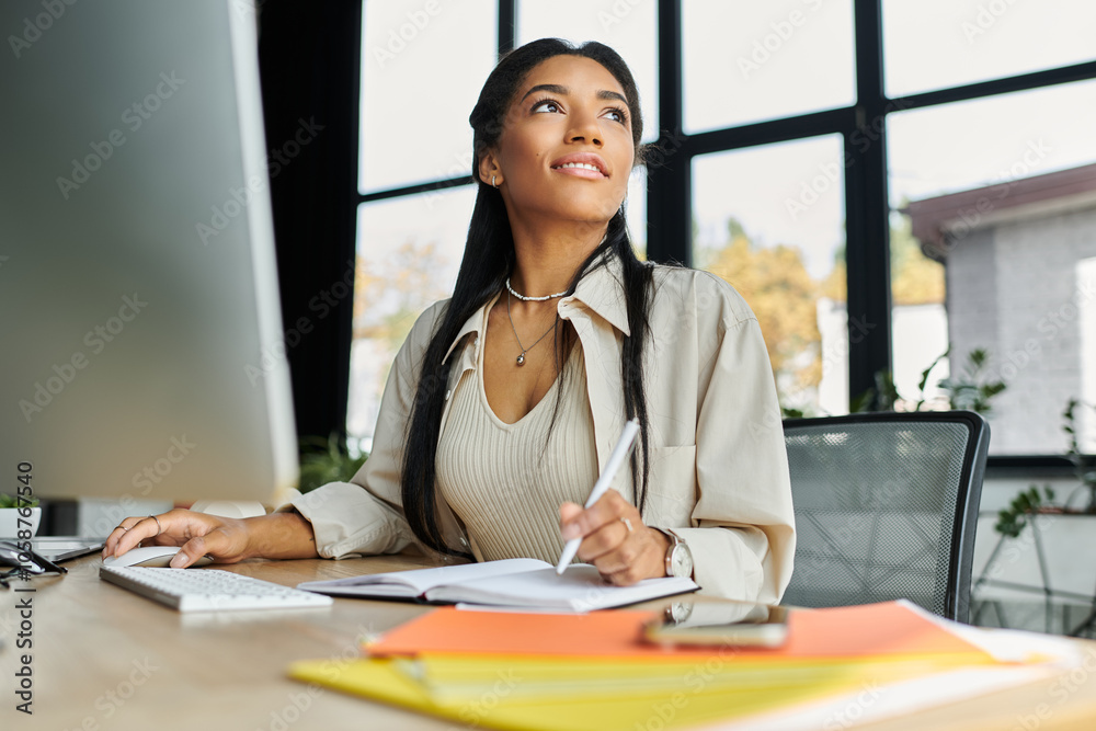 A young, beautiful woman sits at her desk, immersed in her work while taking detailed notes. A young, beautiful woman sits at her desk, immersed in her work while taking detailed notes.