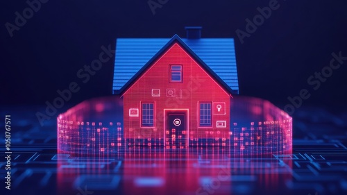 Digital house concept with red glowing effects on a dark background, symbolizing modern technology and smart home security. photo