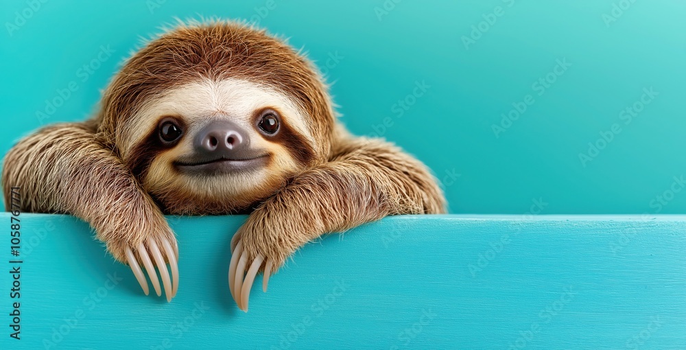 Fototapeta premium A close-up of a happy sloth resting on a pastel blue background, capturing its relaxed and friendly expression with a warm, cheerful vibe.