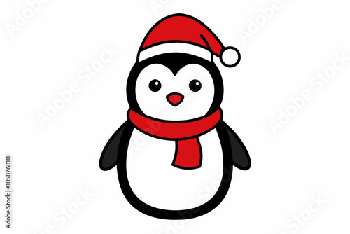  Vector Outline of A cute Penguin wearing a Santa clause hat and scarf on white background.