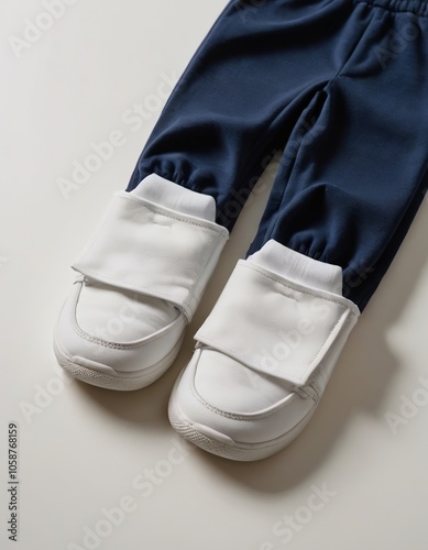 Stylish navy joggers paired with trendy white slip-on shoes for kids. photo