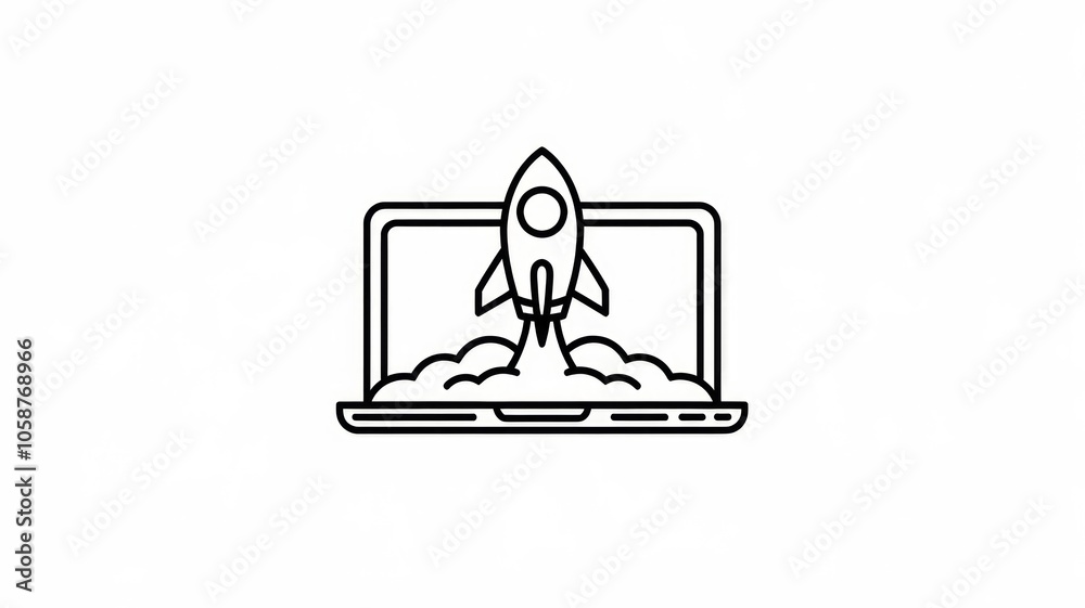 A vector-based, clean, flat, black, and white illustration of a Space Laptop With Rocket Cartoon logo Generative AI A vector-based, clean, flat, black, and white illustration of a Space Laptop With Rocket Cartoon logo Generative AI