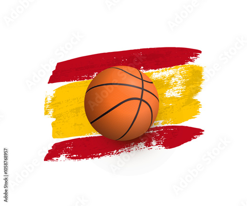 Basketball ball with shadow on flag of Spain made of brush strokes. Team sports item. Realistic vector sport inventory isolated on transparent background.