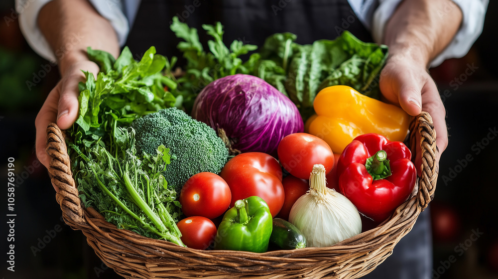 Fototapeta premium Kolorowe warzywa na stole, promujące zdrowe odżywianie i styl życia. 