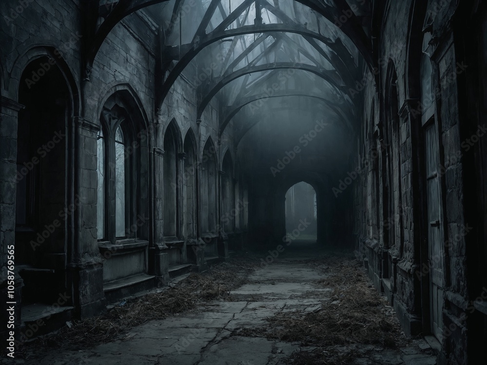 Fototapeta premium Gothic Abandoned Hallway with Arched Stone Architecture and Haunting Foggy Atmosphere