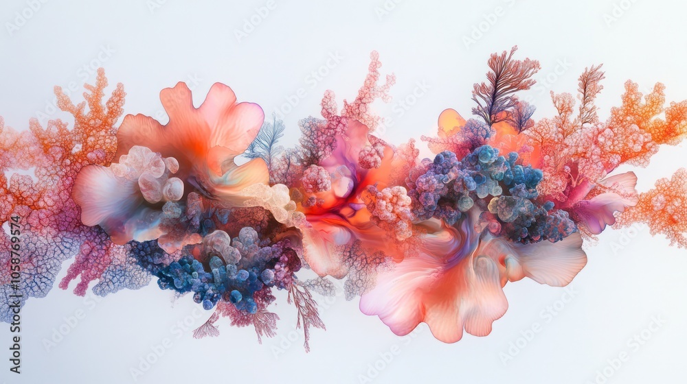 coral, featuring a harmonious blend of organic shapes and vibrant hues, coral, featuring a harmonious blend of organic shapes and vibrant hues,