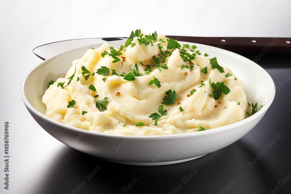 A bowl of mashed potatoes garnished with parsley and a butter knife. A bowl of mashed potatoes garnished with parsley and a butter knife.
