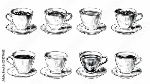 Wallpaper Mural Set of eight hand-drawn coffee cups and saucers with different styles. Torontodigital.ca