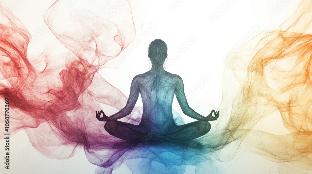 An individual in a peaceful meditative posture is depicted against a white backdrop, with vibrant,