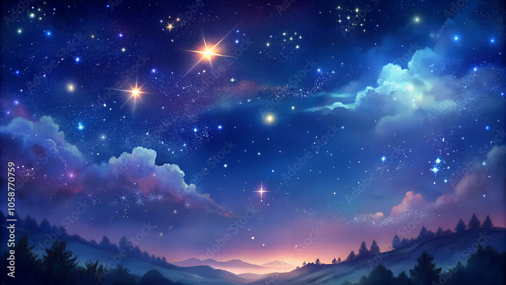 Fototapeta premium Starry night sky with vibrant stars and clouds over a tranquil landscape, magical atmosphere 