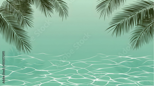 Tropical paradise with green palm leaves and turquoise water.