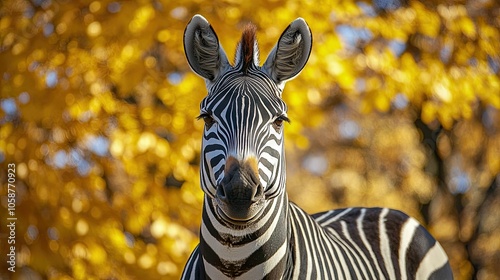 Zebra portrait captures the essence of this black and white striped animal, highlighting its cute face. Ideal for designs, the zebra portrait offers ample copy space for your creations. photo