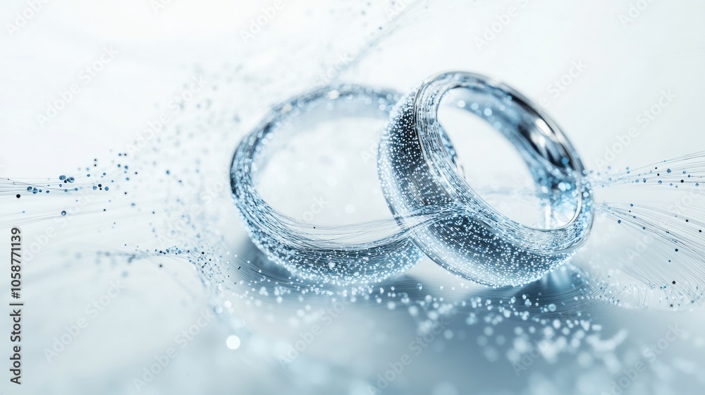 Futuristic quantum wedding rings surrounded by digital particles and light trails on a clean white background Futuristic quantum wedding rings surrounded by digital particles and light trails on a clean white background
