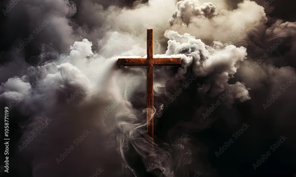 Wooden cross in smoke. A vibrant Ash Wednesday banner with an ash cross, highlighted by dramatic lighting effects. Wooden cross in smoke. A vibrant Ash Wednesday banner with an ash cross, highlighted by dramatic lighting effects.