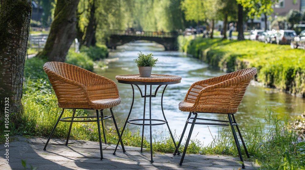 Empty wicker chairs and table on a patio overlooking a river. Empty wicker chairs and table on a patio overlooking a river.