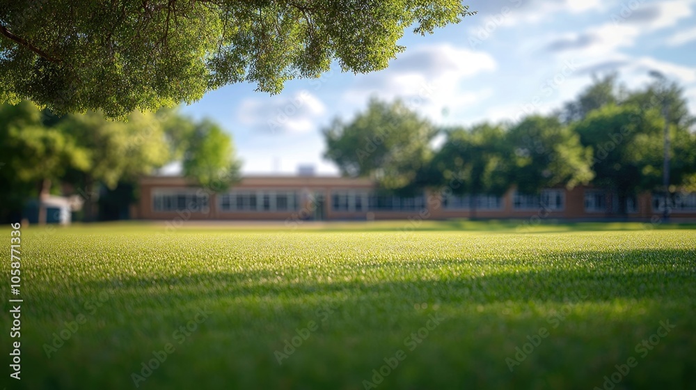 Obraz premium Blurred suburban school image with a tree line in the foreground, creating a serene atmosphere perfect for illustrating educational environments and community settings.