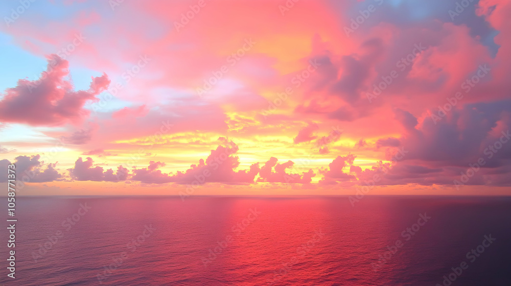 Obraz premium Vibrant sunset over a calm ocean with a red and pink sky.