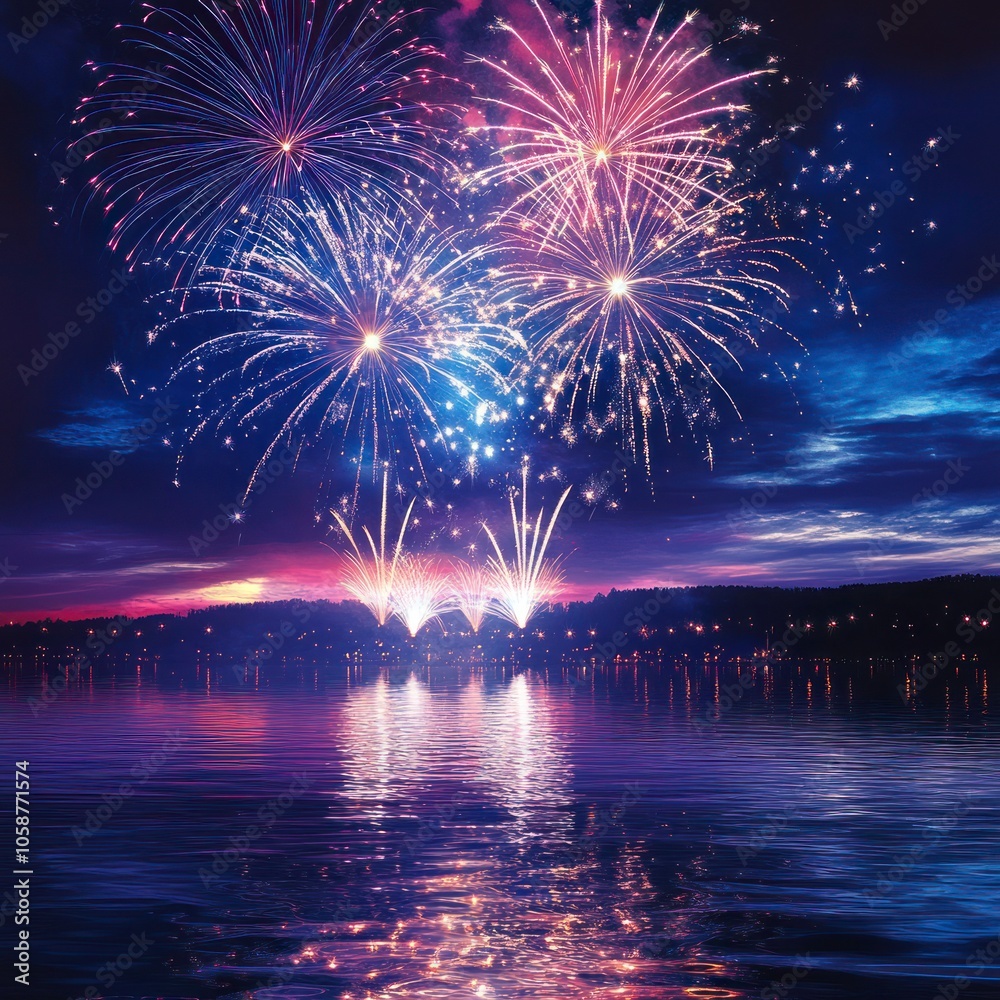 Fototapeta premium New Year Eve fireworks display over water