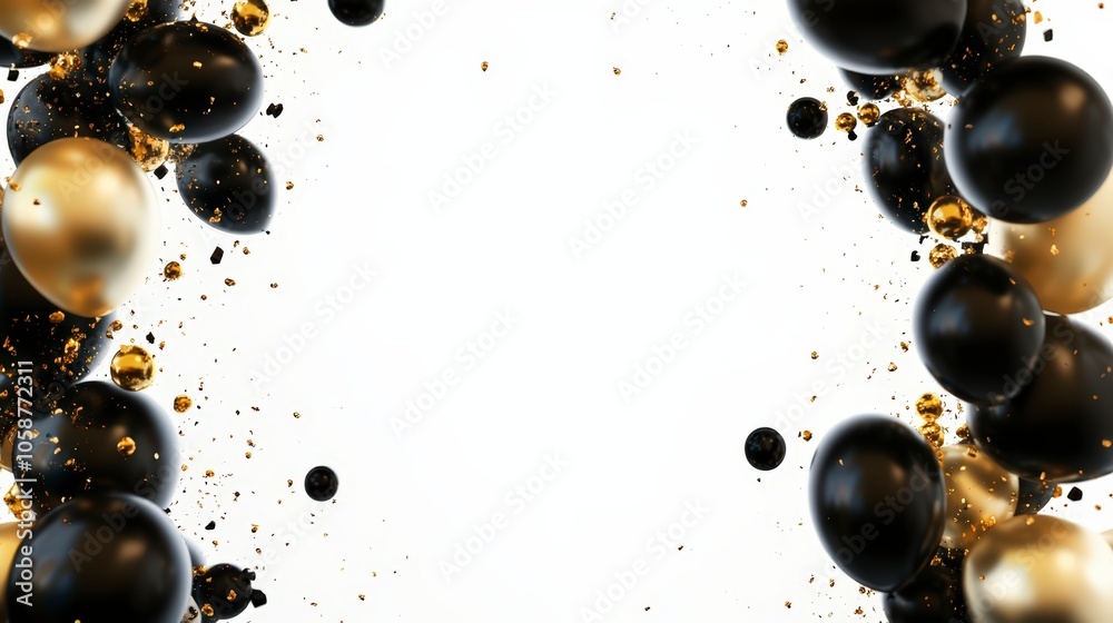 Party frame with black and golden balloons on white
