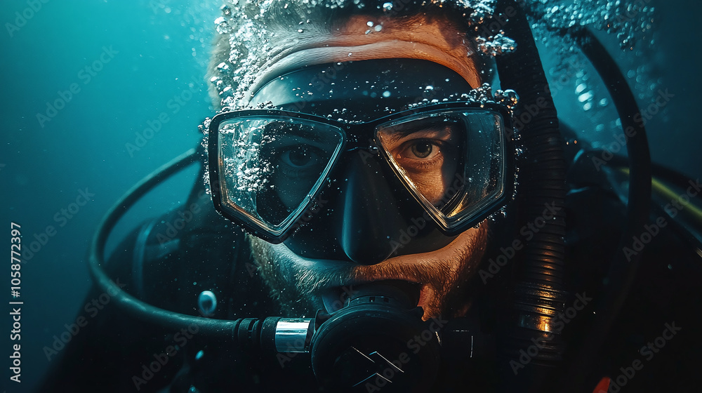 Close-up of a scuba diver exploring underwater in a sunken ship, surrounded by bubbles and blue hues, capturing adventure and marine exploration. Close-up of a scuba diver exploring underwater in a sunken ship, surrounded by bubbles and blue hues, capturing adventure and marine exploration.