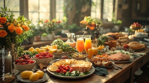 A table laden with an assortment of delicious breakfast foods, including fruit, pastries, cheese, and juice.