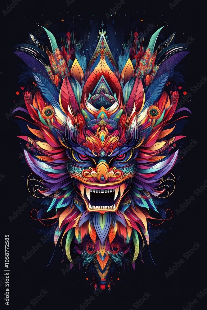 Fototapeta premium Detailed Full-Color Illustration of Balinese Demon Mask for T-Shirt Print, No Background, Vibrant Colors