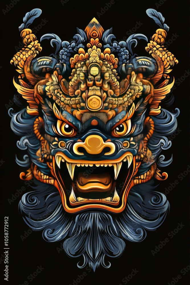 Detailed Full-Color Illustration of Balinese Demon Mask for T-Shirt Print, No Background, Vibrant Colors Detailed Full-Color Illustration of Balinese Demon Mask for T-Shirt Print, No Background, Vibrant Colors