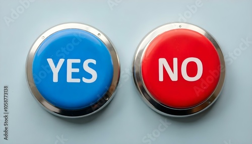 Freedom of choice, two push buttons, one blue labeled "YES" and one red labeled "NO" with copy space