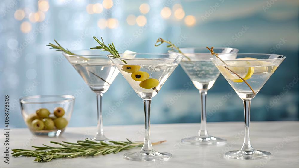 A trio of chilled cocktails, adorned with olives, lemon, and sprigs of rosemary, awaits on a marble countertop. A trio of chilled cocktails, adorned with olives, lemon, and sprigs of rosemary, awaits on a marble countertop.