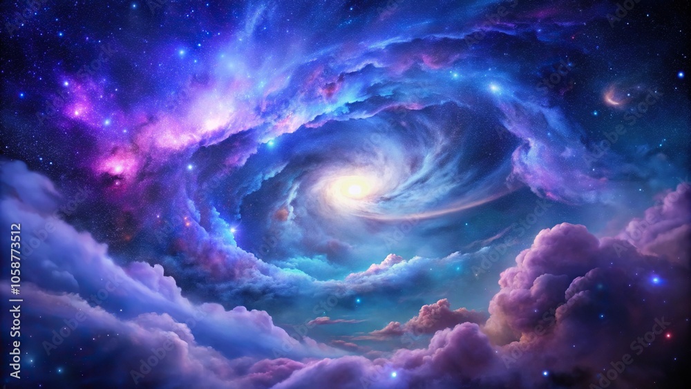 Swirling clouds of purple and blue gas stretch across a starry night sky with vibrant stars and a central nebula, celestial bodies, cosmos, galaxy patterns, starry night Swirling clouds of purple and blue gas stretch across a starry night sky with vibrant stars and a central nebula, celestial bodies, cosmos, galaxy patterns, starry night