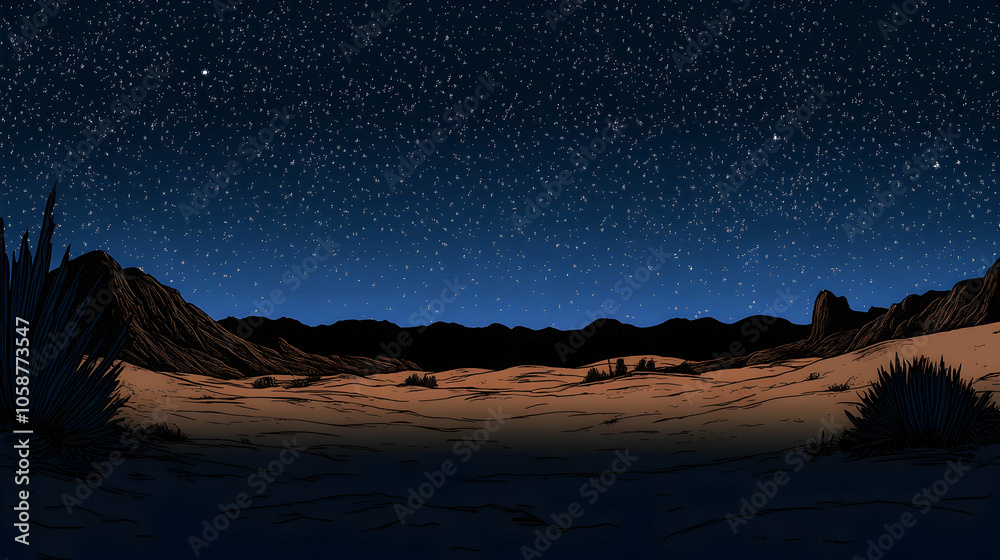 A starry night sky over a desert landscape. A starry night sky over a desert landscape.