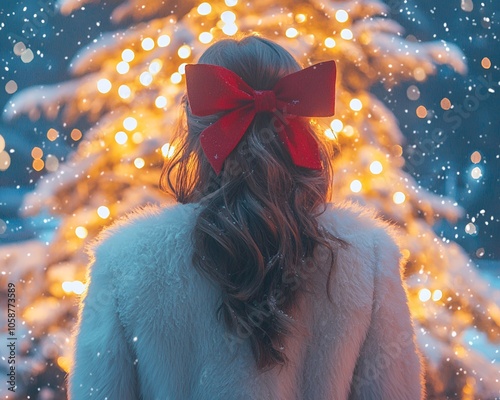 woman with a red bow on her hair near the Christmas tree