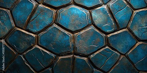 Close-up texture of a turtle shell with blue and earthy tones, showcasing natural patterns and intricate details.