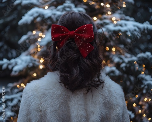 woman with a red bow on her hair near the Christmas tree