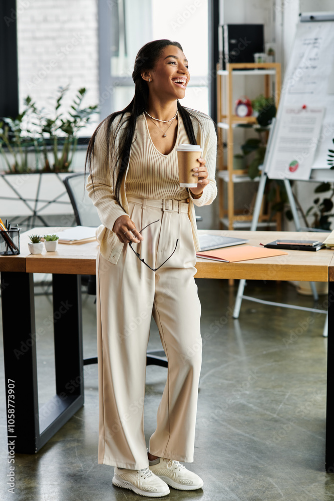 A young, beautiful woman smiles while holding a coffee cup in a stylish office environment. A young, beautiful woman smiles while holding a coffee cup in a stylish office environment.