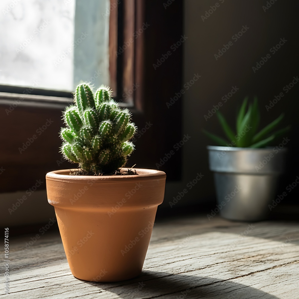 Miniature cactus in brown pot on rustic wooden table stock image