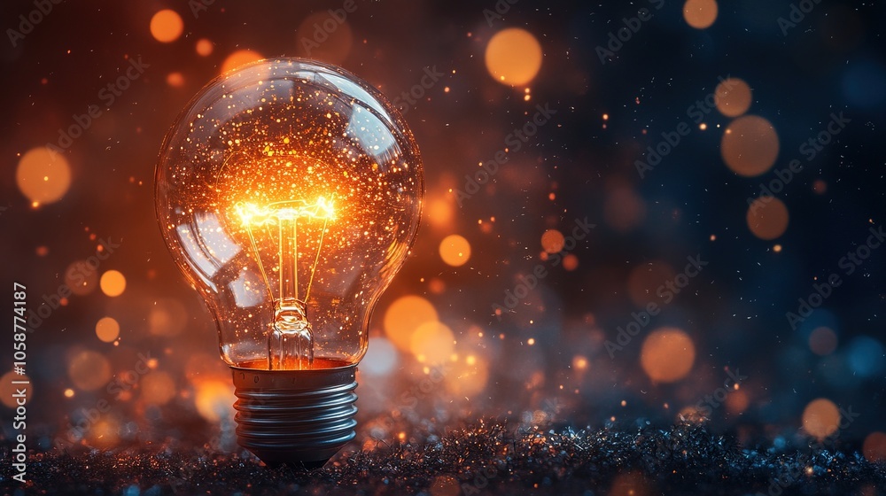 Close-up of a glowing light bulb with sparkling particles inside Close-up of a glowing light bulb with sparkling particles inside