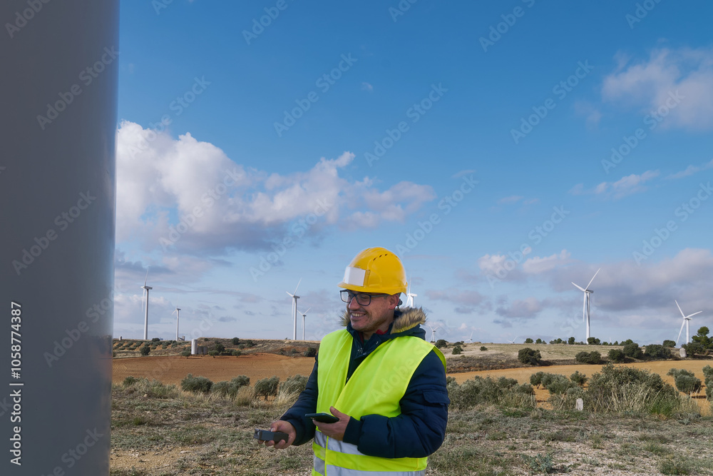 Wind turbine engineer inspecting a wind farm using mobile devices Wind turbine engineer inspecting a wind farm using mobile devices