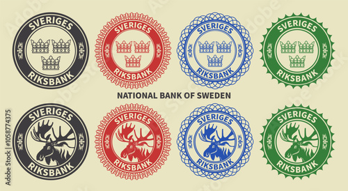Vector graphic set of financial fictional color seals. Round icons with moose and royal crown. The inscription in Swedish means National Bank of Sweden.
