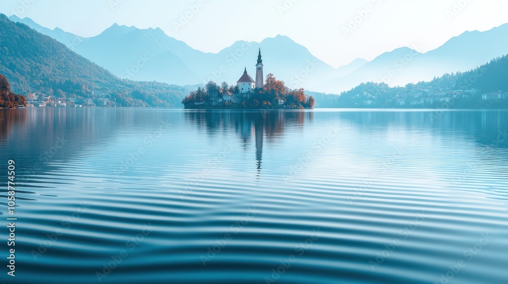 A tranquil scene of a church on an island in a lake, with calm water and a mountain range in the background. A tranquil scene of a church on an island in a lake, with calm water and a mountain range in the background.