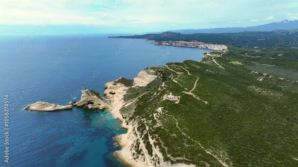 Stunning aerial views of the rugged coastline and clear blue waters in the beautiful region of Corsica during a sunny afternoon Stunning aerial views of the rugged coastline and clear blue waters in the beautiful region of Corsica during a sunny afternoon